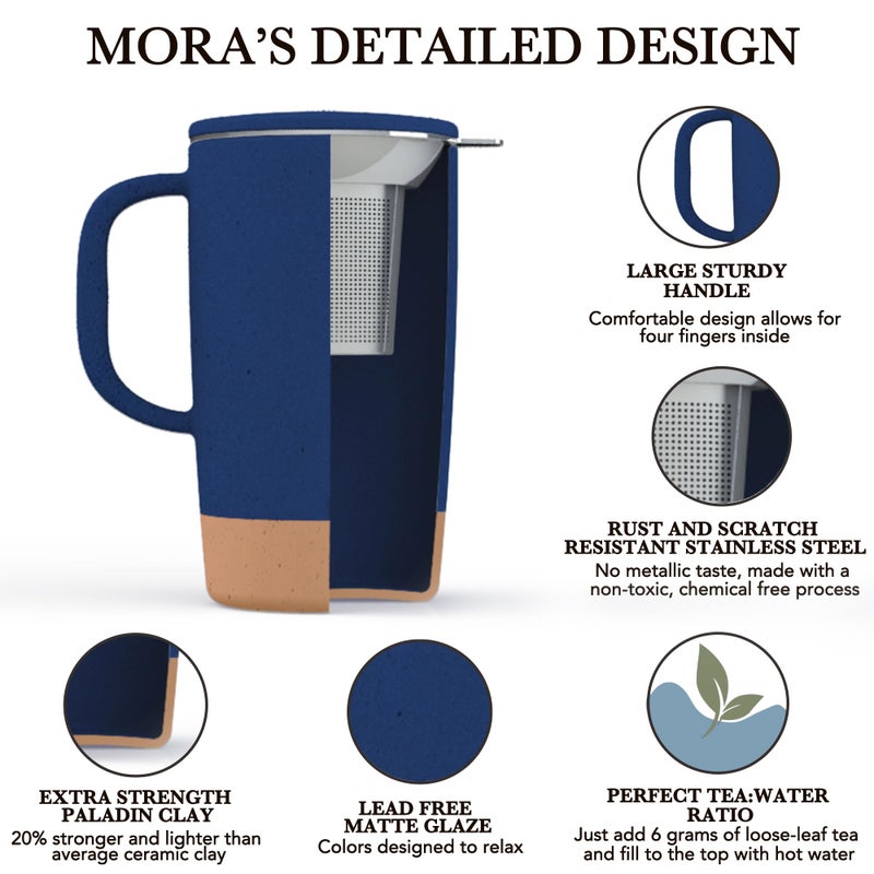 Mora Ceramics Large Tea Mug with Loose Leaf Infuser and Ceramic Lid, 18 oz, Portable, Microwave and Dishwasher Safe, Tall Coffee Cup - Rustic Matte Ceramic Glaze, Modern Herbal Tea Strainer, Deep Blue - Image 2